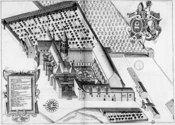 17th Century Engraving of the Abbey of La Sauve-Majeure, France, in the Book Monasticon Gallicanum
